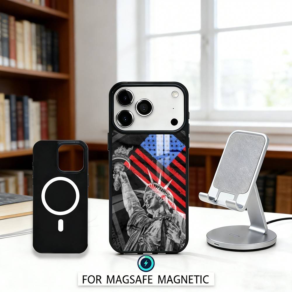 S-Statue L-Liberty America USA Flag Phone Case Magnetic For iPhone17 16 15 14 13 12 Pro Max For Magsafe Wireless Charging Cover