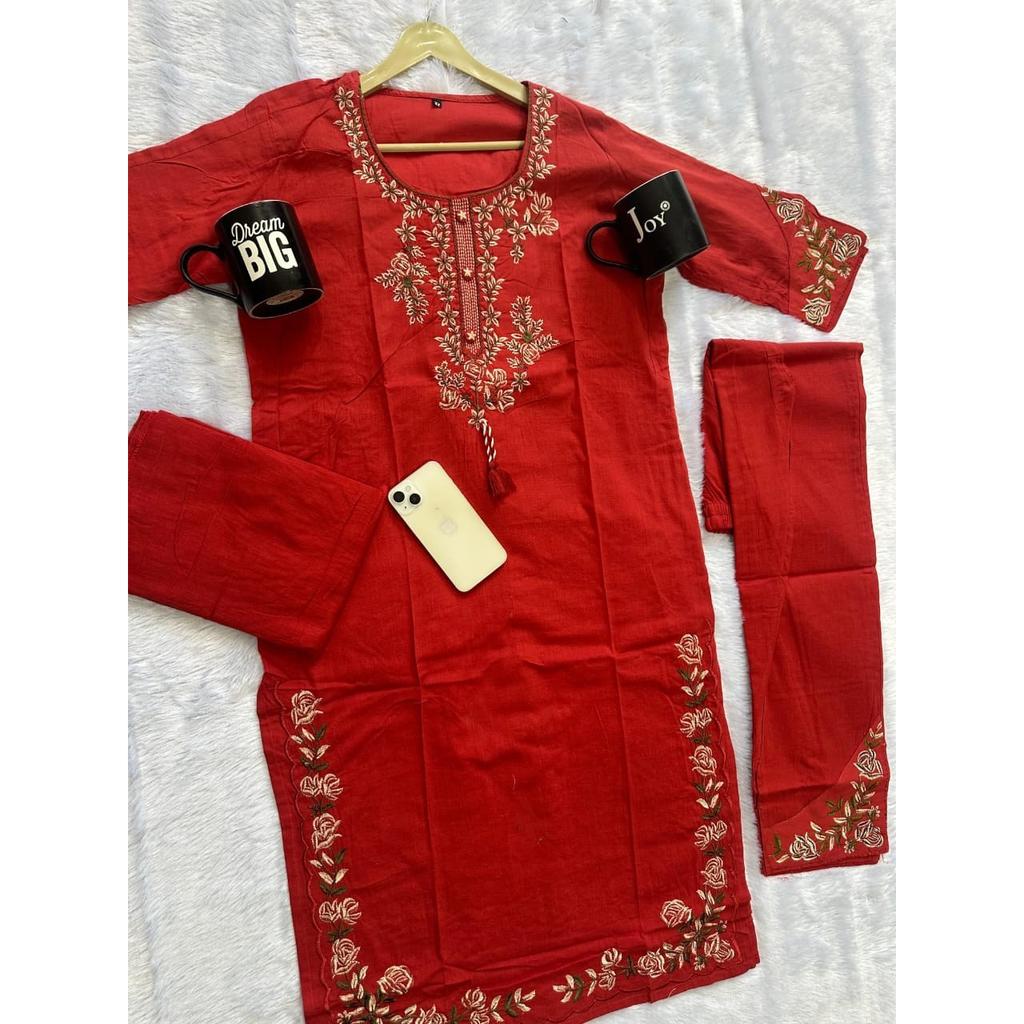 Indian Traditional Cotton Kurti Pant Dupatta Set Women Party Wear Salwar Kameez