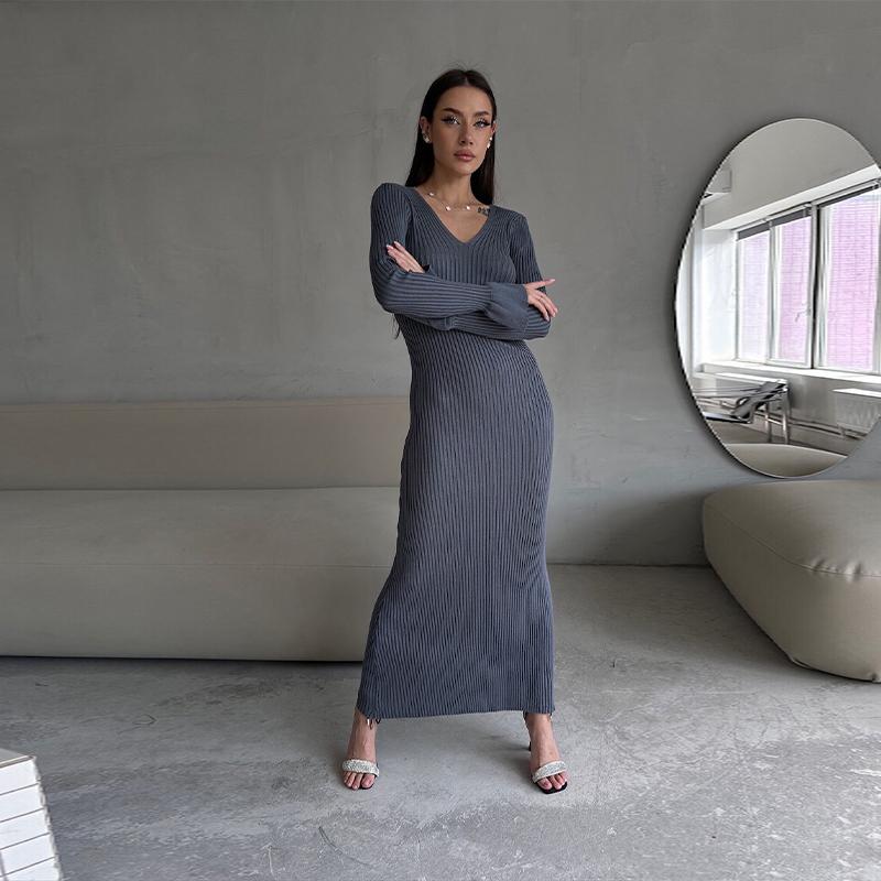 Women Elegant Solid Slim Long Sleeve Ribbed Knitted Dresses Autumn Winter Casual Basic V-neck Warm Sweater Dress