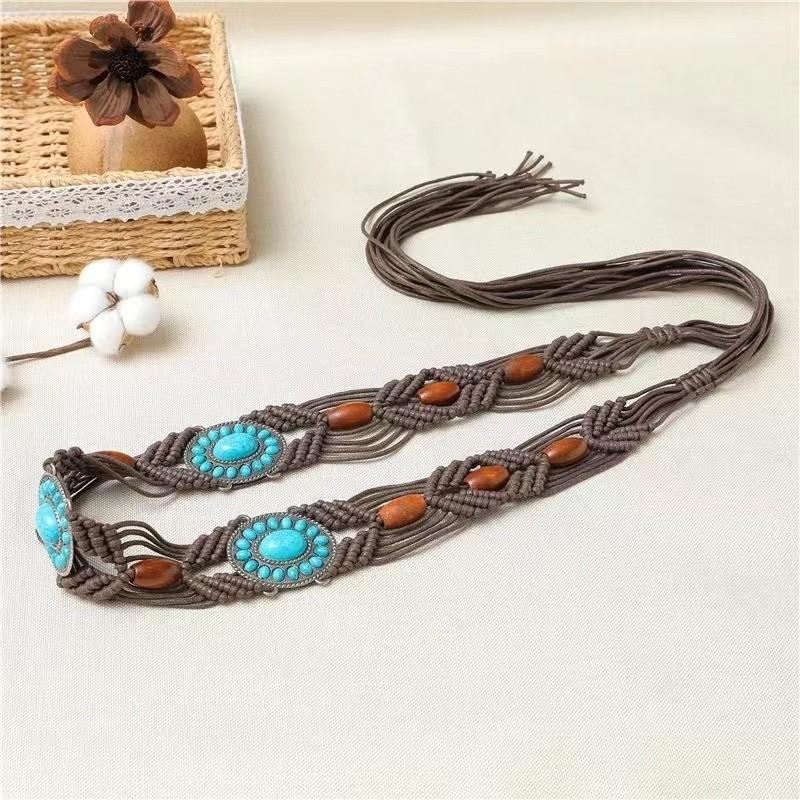 Ethnic Bohemian Leather Waist Rope With Turquoise Resin Beads For Women