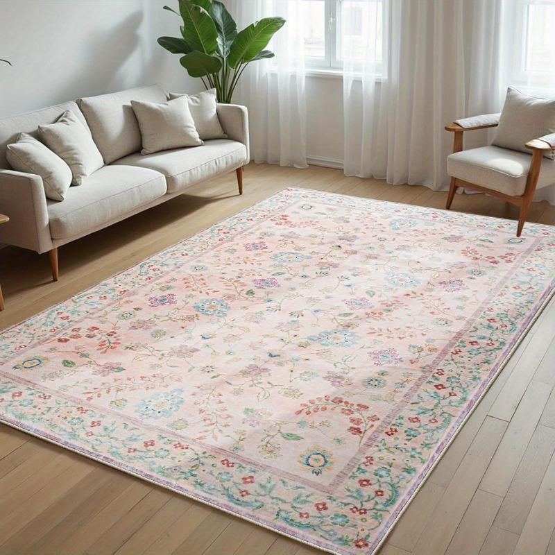Wohnzimmerteppich Rutschfest Weich Maschinenwaschbar Fußmatte Böhmischer Rosa Blumenteppich Schlafzimmer Heimdekoration Matten Waschbare Teppiche