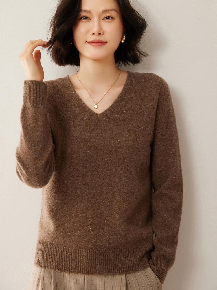 Women's V-Neck Dot Yarn Wool Sweater - Thick, Warm, Versatile Knitwear for Autumn and Winter