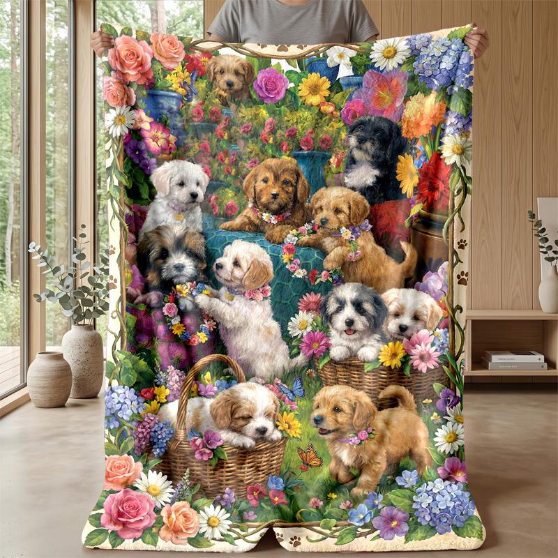 Puppies and Butterflies Garden Theme blanket Lightweight Warm Flannel Blanket Decorative Throw Blanket for Home Decoration