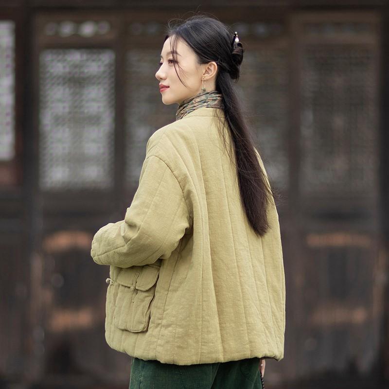 Johnature Women Vintage Warm Stand Long Sleeve Coats Solid Color Button Winter Pockets Coats