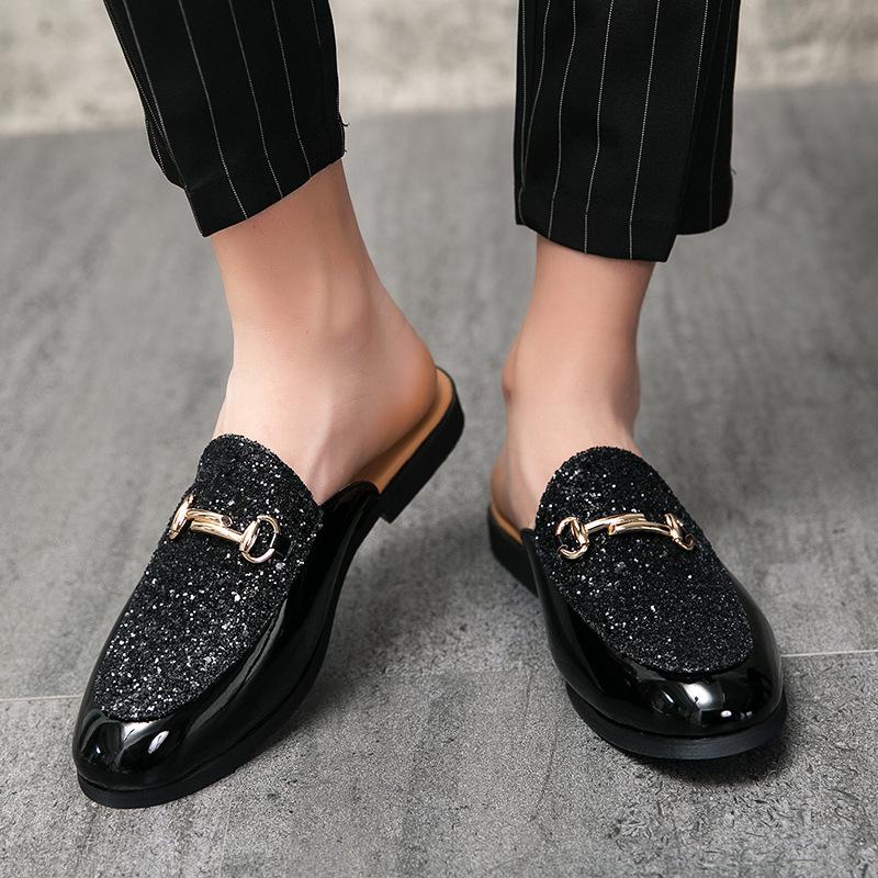 2023 Men's British Style Slip-On Sandals, Half-Open Toe, Closed-Toe, No-Back, Small Leather Shoes