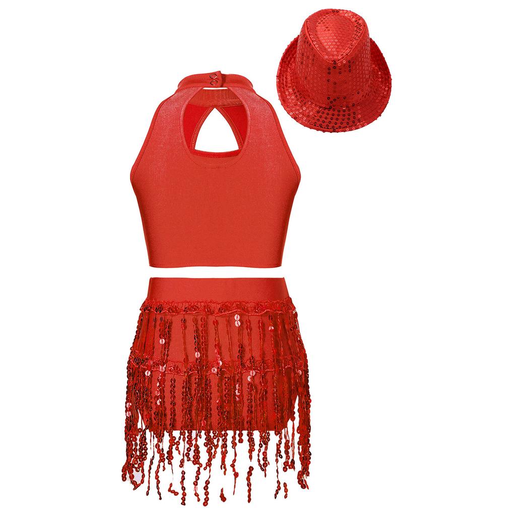 Girls Sleeveless Mock Neck Hollow Front Keyhole Back Sequin Patchwork Crop Top Sequins Tassel Briefs Hat