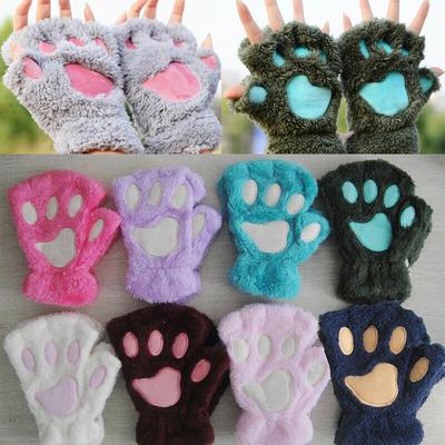 Winter Bear Plush Gloves Fluffy Cat Paw Claw Glove Soft Fingerless Gloves Mitten