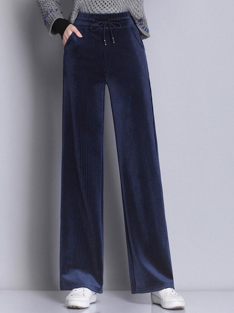 2022 Pantaloni de iarnă ocazional cu lungime întreagă Pantaloni de velur cu picioare largi Pantaloni elastici cu talie înaltă pentru femei Pantaloni eleganti cu șireturi