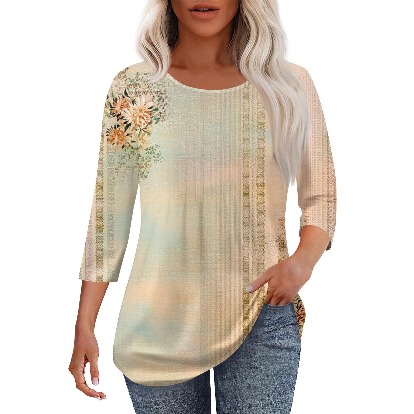 

Женская мода повседневная плиссированная футболка с круглым вырезом и принтом с рукавом три четверти XXXL