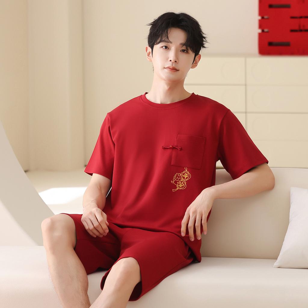 Red Wedding Couple Pajamas Women's Summer Short-sleeved Pure Cotton Pajamas Cute Natal Year Wedding Loungewear Men's Suit