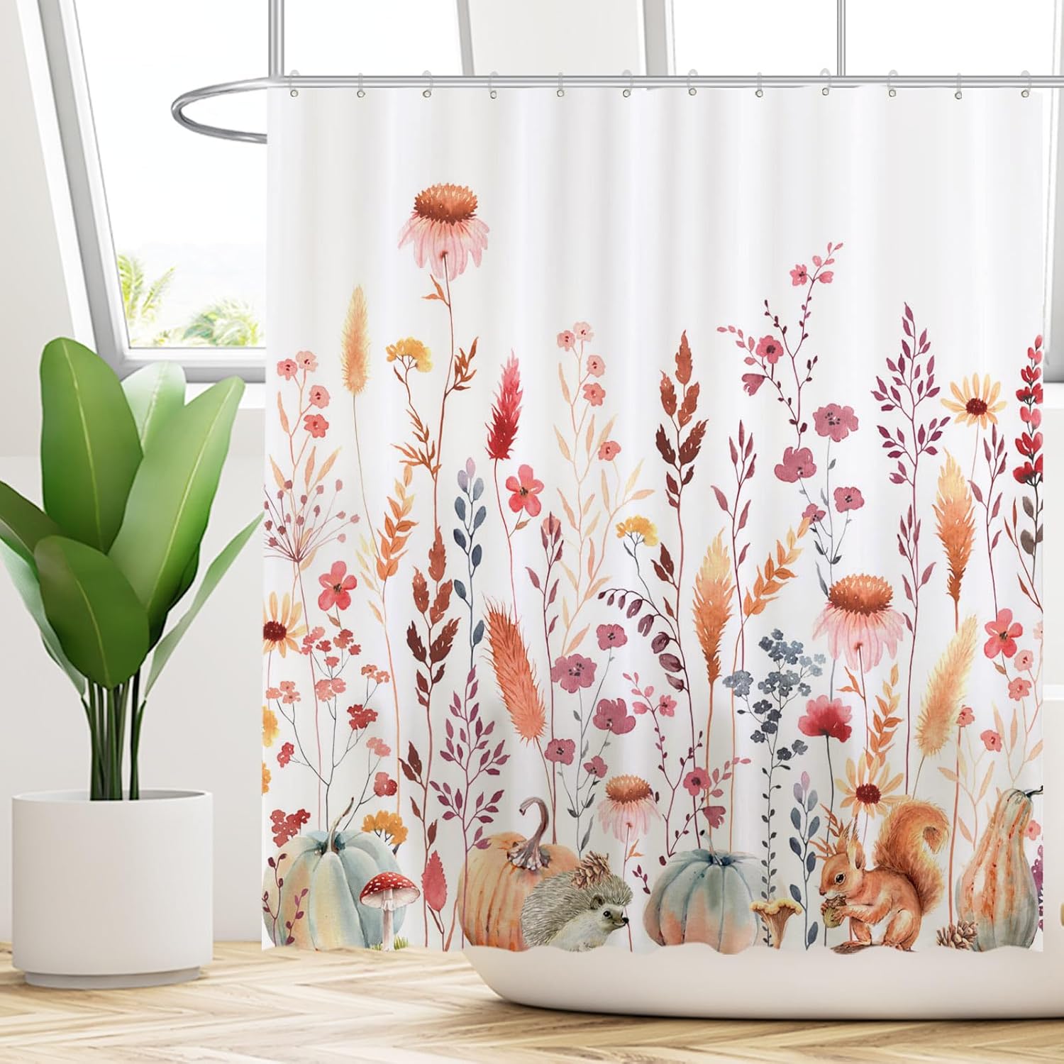 Funnytree 72 x72  Autumn Flowers Fall Rustic Pumpkins Boho Leaves Floral Watercolor Bohemian Farmhouse Shower Curtain for Bathroom Decor Machine