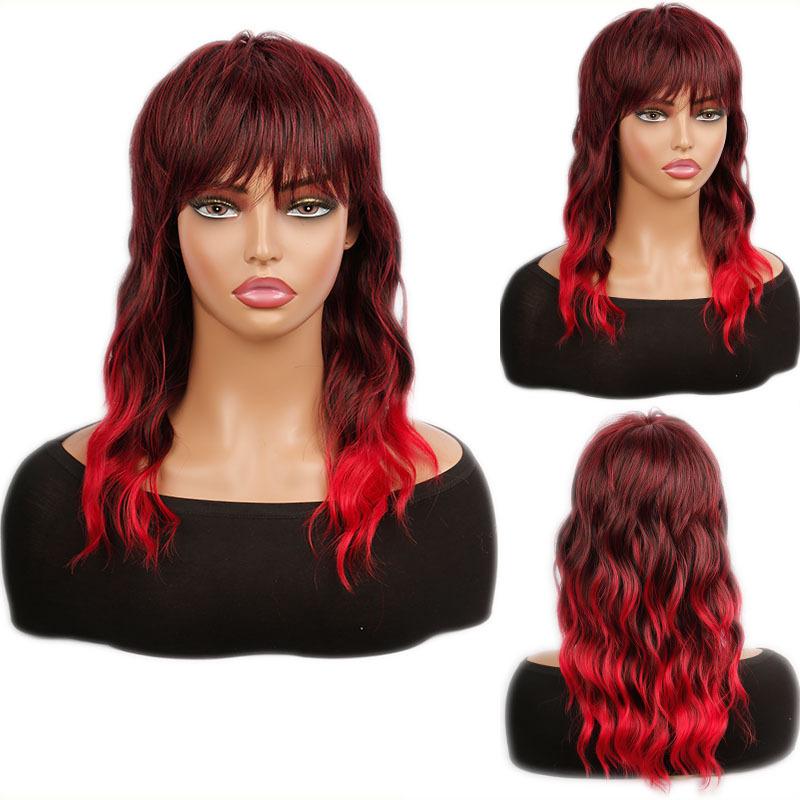 

16-дюймовый длинный парик с челкой, коричневый, блонд, розовый, красный, волосы, свободная волна, синтетический парик для женщин, повседневная одежда, косплей, термостойкое волокно красный