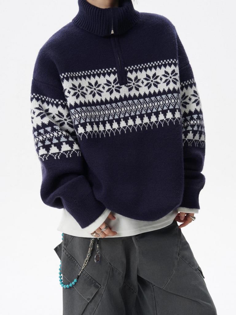 Pull Cardigan Homme Jacquard Fair Isle Fermeture Éclair Demi-Zip Col Montant Noël