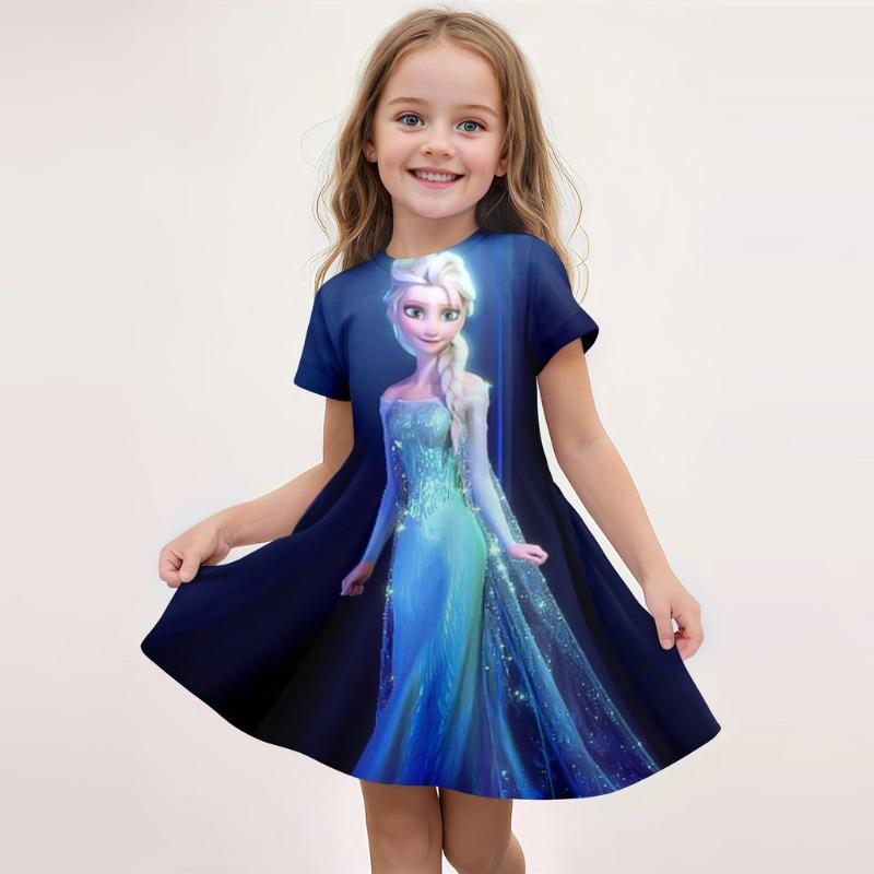 Disney Summer Hot Girl Short Sleeved Skirt Ice and Snow Romance Print 3D Printed Cartoon Pattern Elsa Princess Skirt