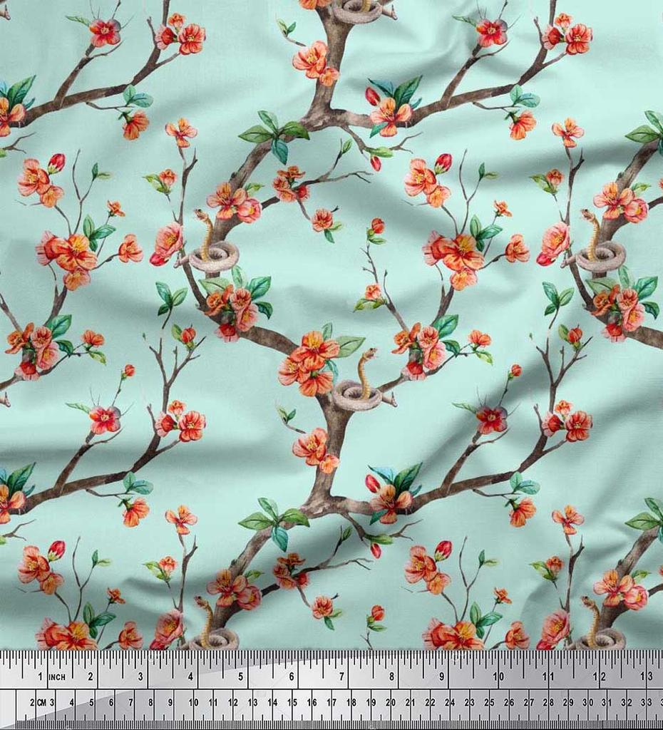 Soimoi Japonská krepová saténová látka Had, listy a květy, květinový potisk v metrech 42 palců