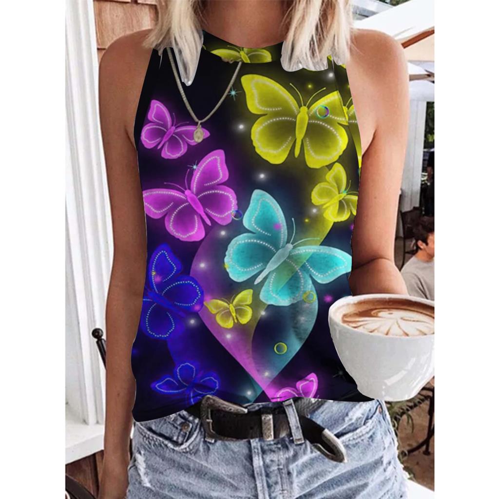 Summer Butterfly 3D Print Tank Tops Women Fashion New Streetwear Oversized O-Neck Vest Off Shoulder Sleeveless Woman Camisole