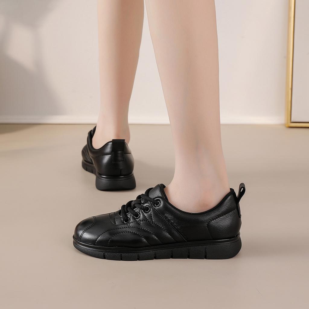 Fashion Original Natural Leather Shoes for Women Soft Soled Round Toe Mom Flats Woman Lace Up Anti Slip Loafers Ladies Moccasins