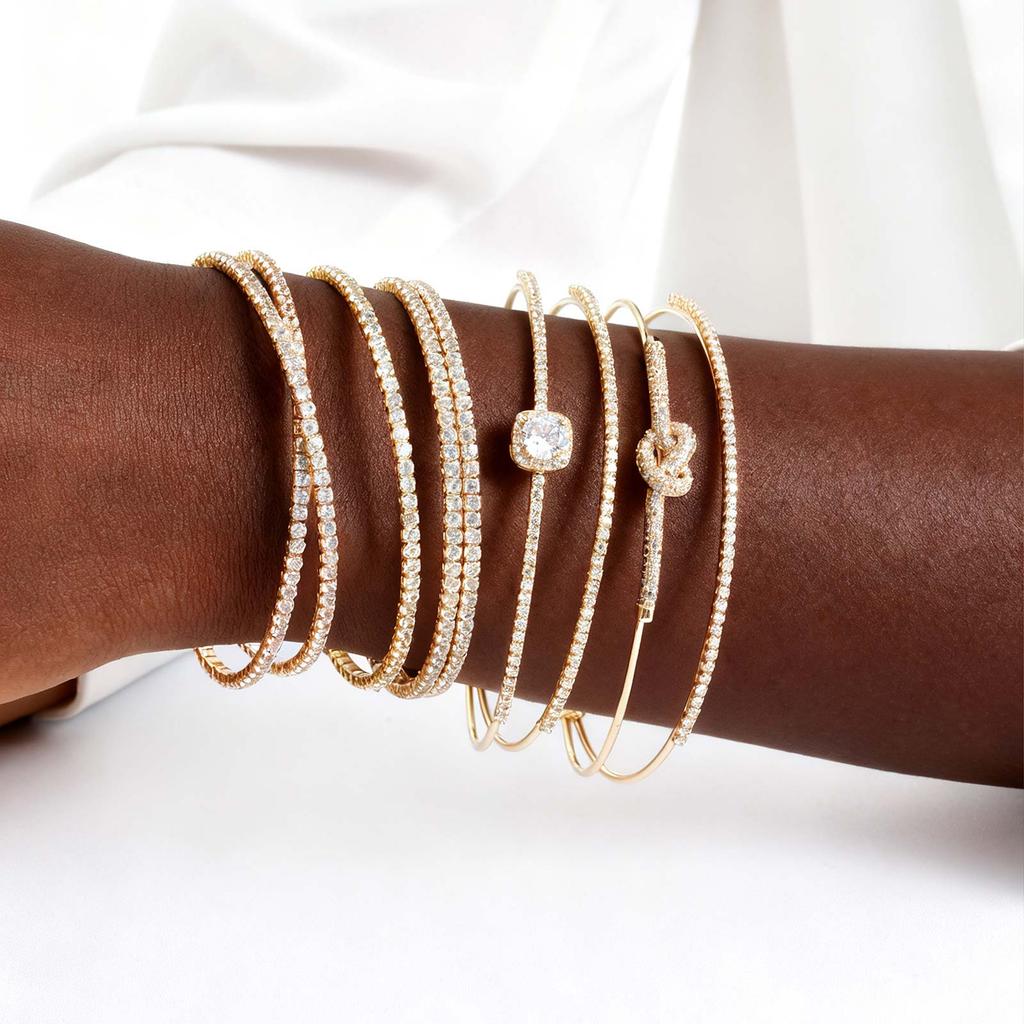 Exquisite Knotted Zircon Double-layer Cuff Bracelet,Geometric Square Zircon Open Bracelets for Women,Gold Plated Charm Jewelry