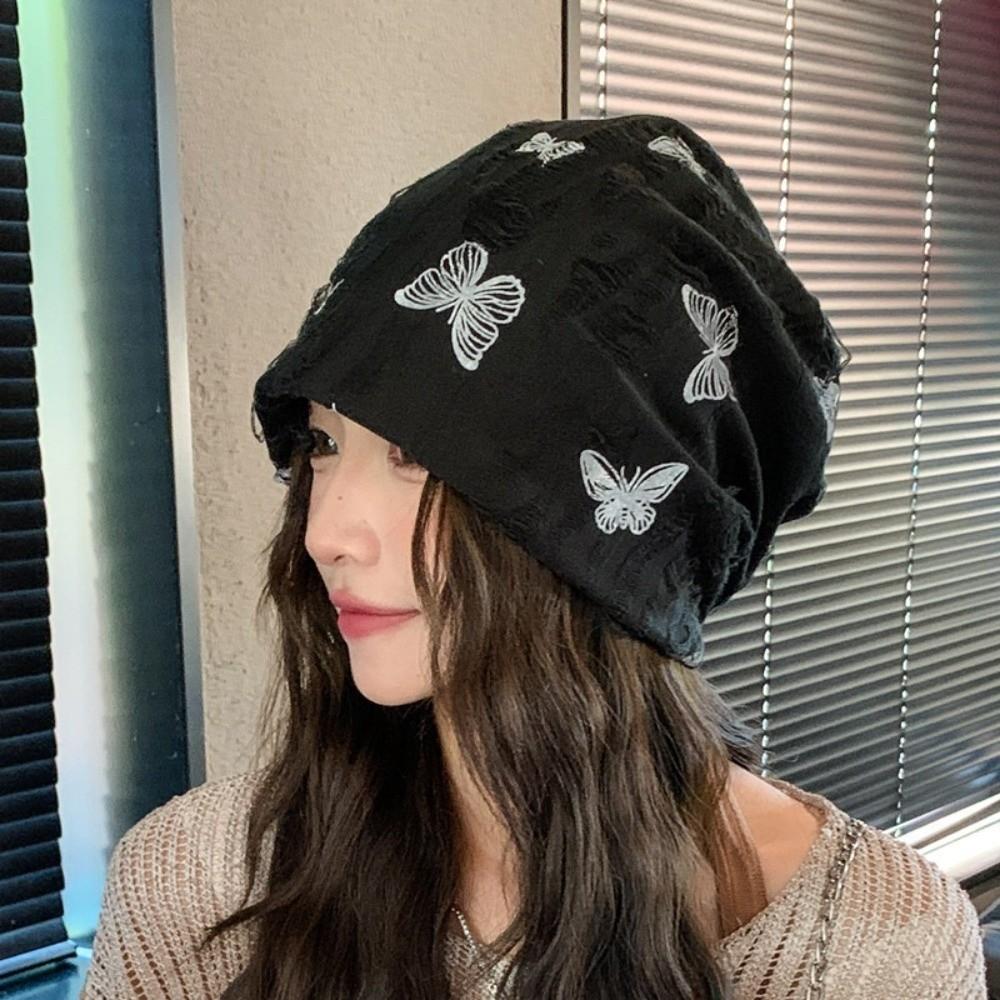 Holes Fleece Beanies Coldproof Plush Pullover Hat Soft Butterfly Print Beanies  Keep Warm