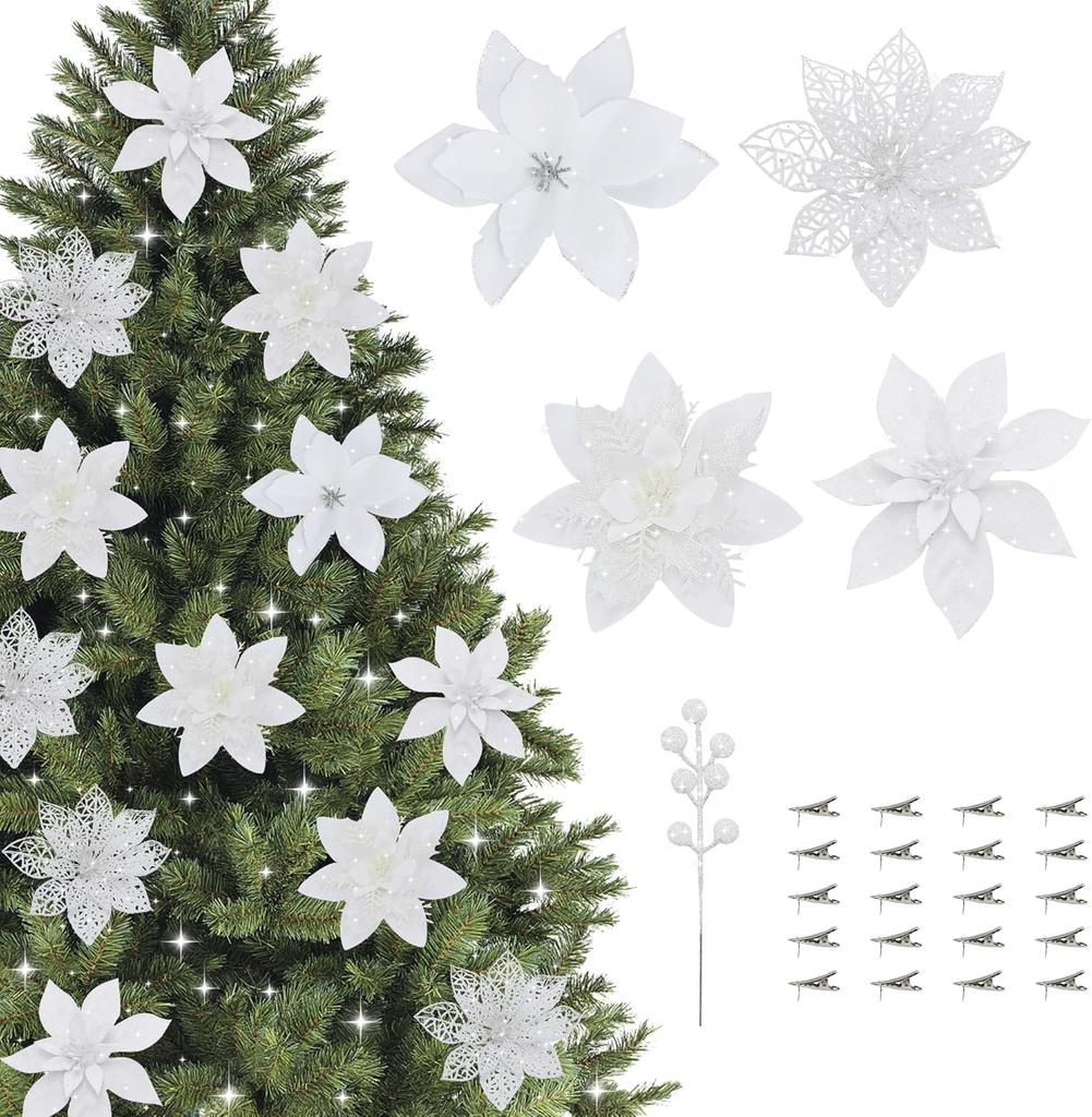 36 Pcs Artificial Poinsettia Flowers with Clips & Berry Stems, Red Glitter Christmas Tree Decor for Wreath, Fireplace, Stairs