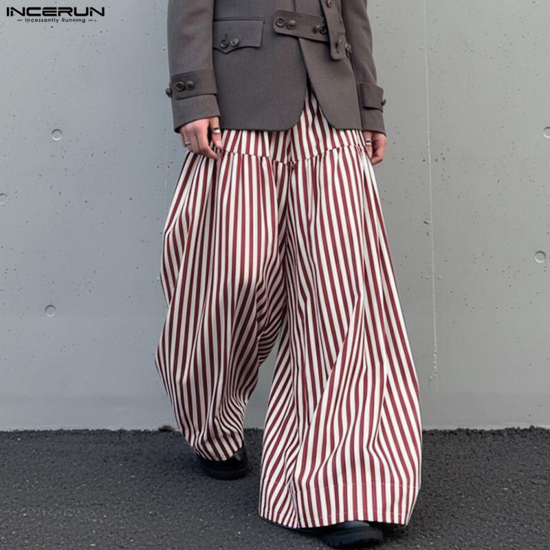 INCERUN Men Elastic Waist Casual Loose Striped Wide Leg Trousers Long Palazzo Pants