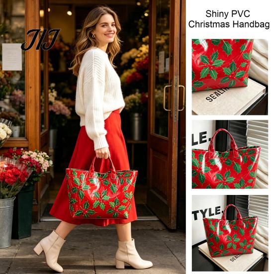 Christmas Theme Travel Bag PVC Tote for Women, Waterproof Spacious Plastic Handbag, Holiday Seasonal Handbag Large Top Handle Shopping, Beach, Travel,