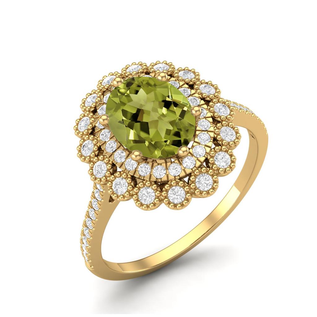 8X6mm Oval Peridot 925 Sterling Silver Gold Vermeil Solitaire Halo Floral Engagement Women Ring