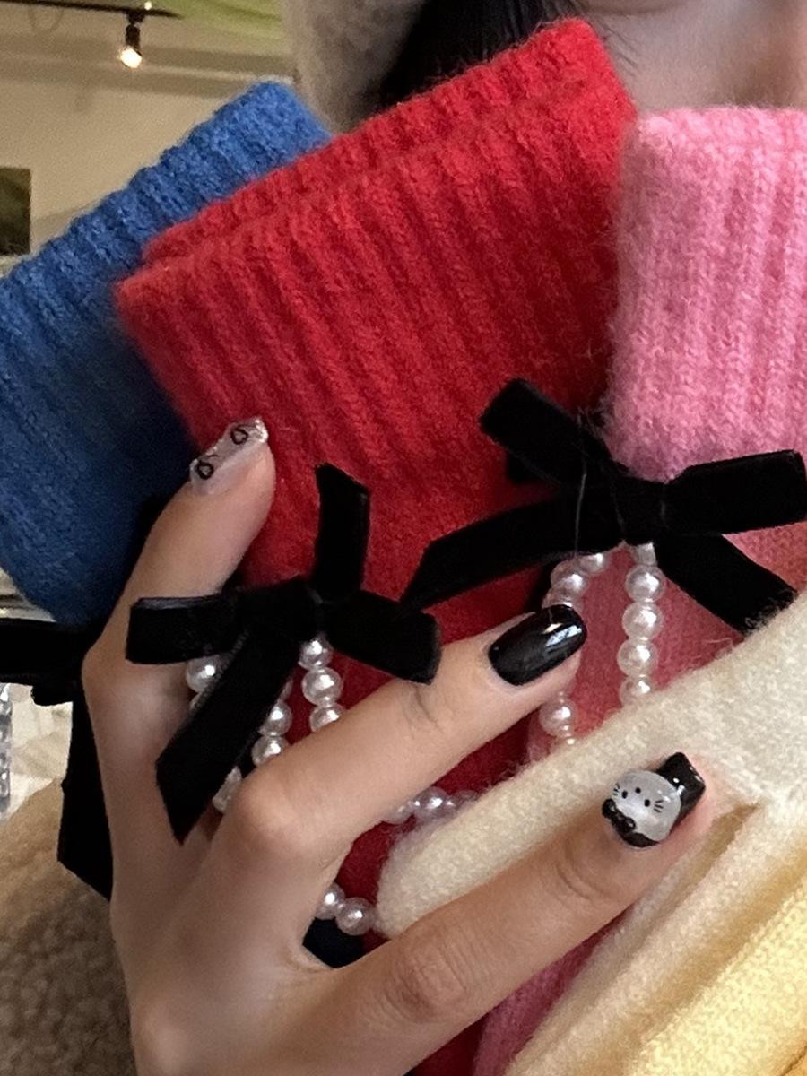 

Bow pearl chain knitted wool gloves women s warm and cold-proof finger-separating gloves червоний