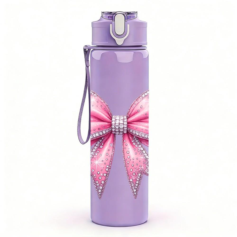 1PC Elegant Pink Fabric Bow Decoration Print 750ml Color Plastic Sports Water Bottle Leakproof Flip Straw Lid Suitable for Sports Office Home Use