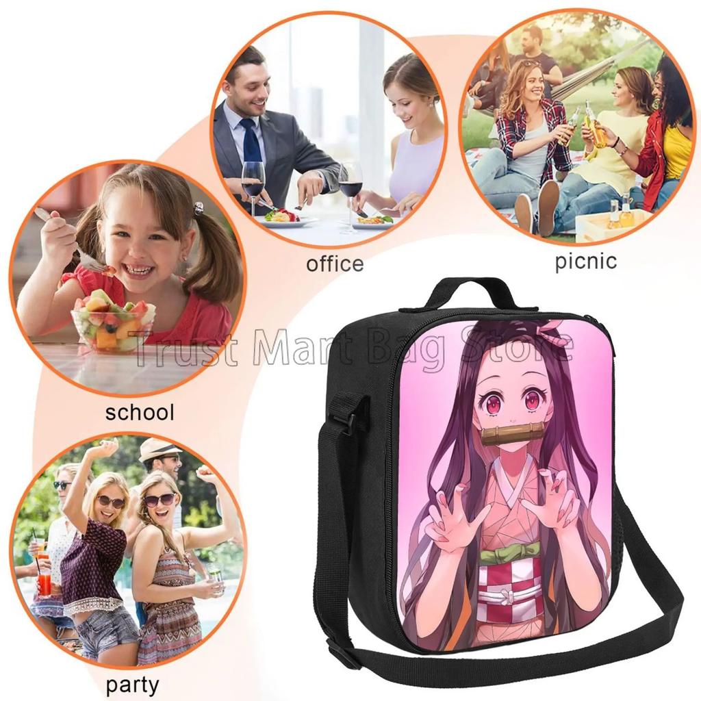 Anime Nezuko Isolierte Lunchbox Kühltasche Reise Tragbare Aufbewahrungstaschen Mädchen Wiederverwendbar Auslaufsicher Multifunktional Bento