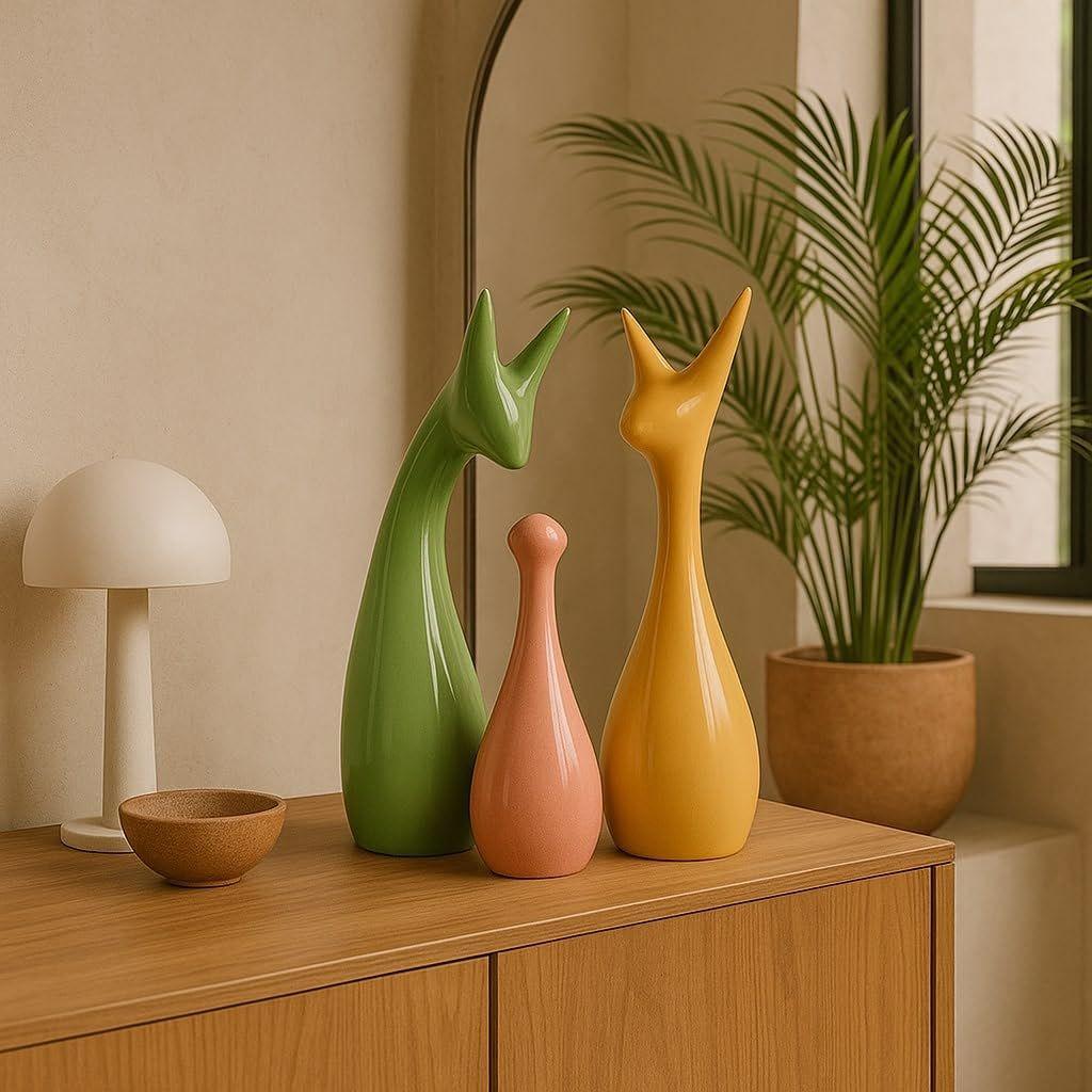 Home Décor Lucky Deer Family Set | Piano Finish Ceramic Figures - (Set of 3 Yellow, Pink, LightGreen)