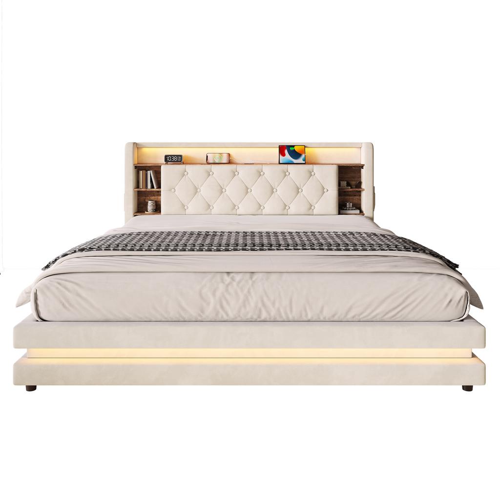 Letto imbottito con contenitore 180 × 200 cm, Letto in velluto con testiera multifunzionale, Illuminazione a LED, 2 Porte USB e Type-C, Idraulico, Beige
