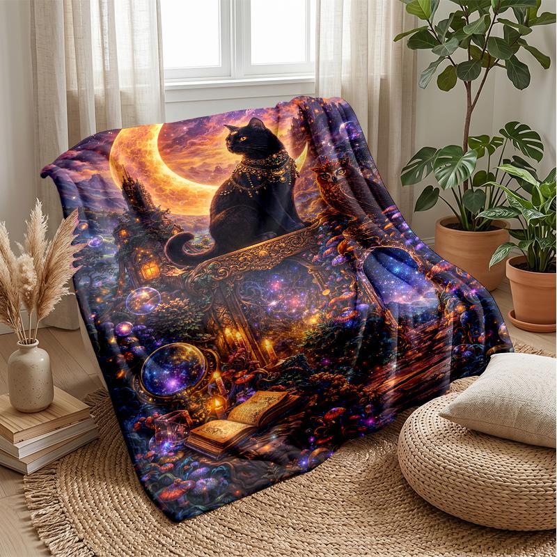 Mystic Flame Cat Guardian Theme Blanket Lightweight Warm Flannel Blanket Decorative Throw Blanket for Home Decoration