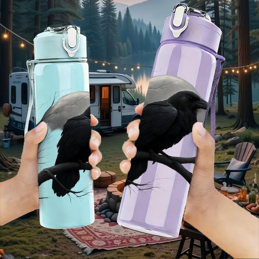 1PC Crow Raven On Bare Branch Print 750ml Color Plastic Sports Water Bottle Leakproof Flip Straw Lid Suitable for Sports Office Home Use