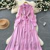 Chic Vintage Three-dimensional Single Breasted Slim Elegant Fairy Korean Fashion Boho Women Clothing Long Dress