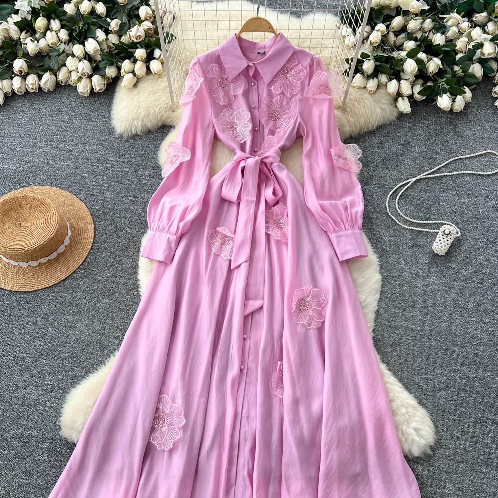 Chic Vintage Three-dimensional Single Breasted Slim Elegant Fairy Korean Fashion Boho Women Clothing Long Dress
