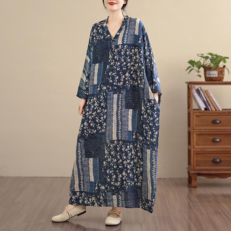 DIMANAF Spring Summer New 2026 Women Plus Size Long Dress Loose Basic Vintage Oversize Long Sleeve Maxi Floral