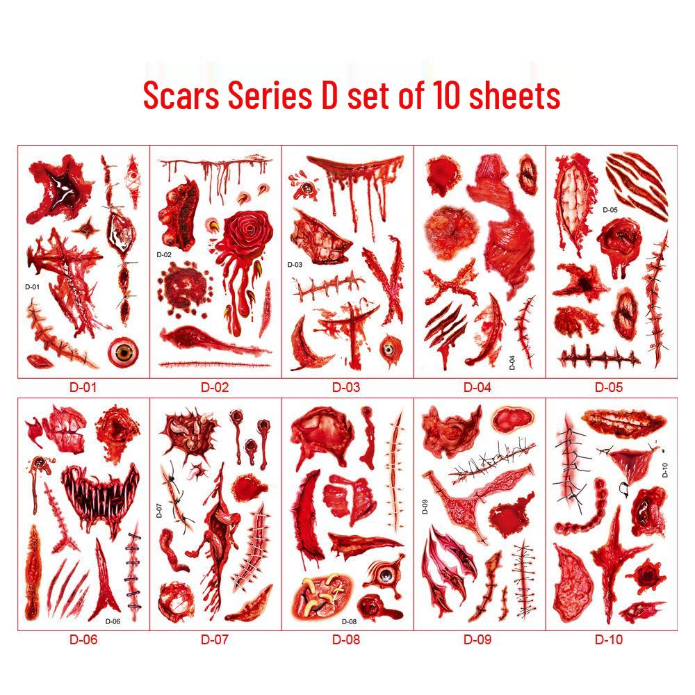 

21 Waterproof Temporary Halloween Scar Tattoos: Sweatproof Knife and Bloody Wound Stickers for Scary Makeup 6.8x12 cm (10 sheets per set)