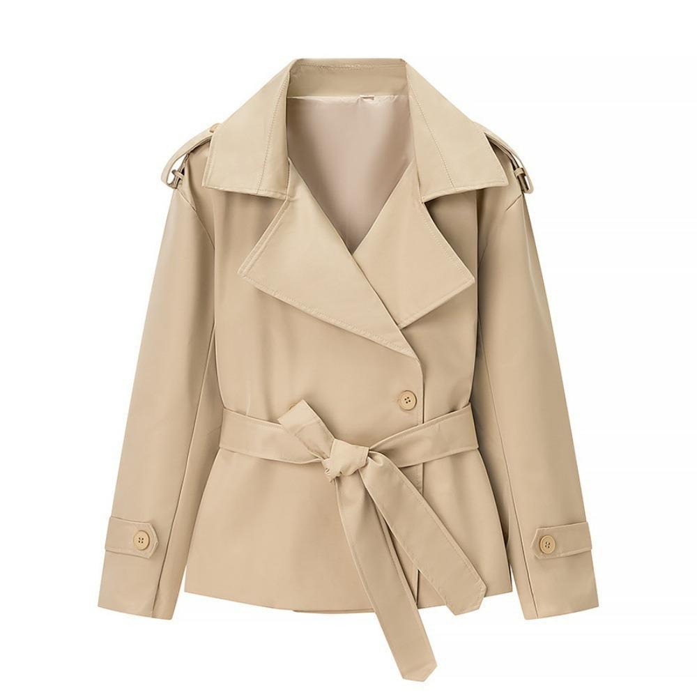 Women's Lapel Long Sleeve Belted Short Trench Coat Casual Solid Color Waist Tie Outerwear for Spring Autumn