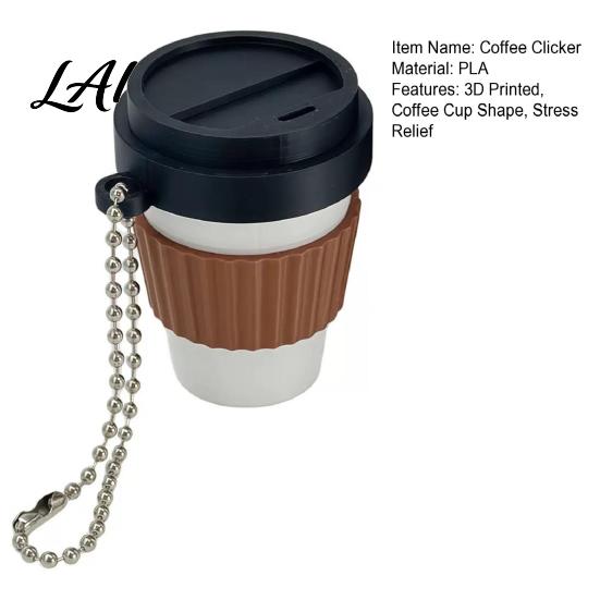 Coffee Cup Shape Clicker 3D Printed Clicker Press Fidget for Finger Stress Relief Backpack Hanging Toy with Ball Chain Relief