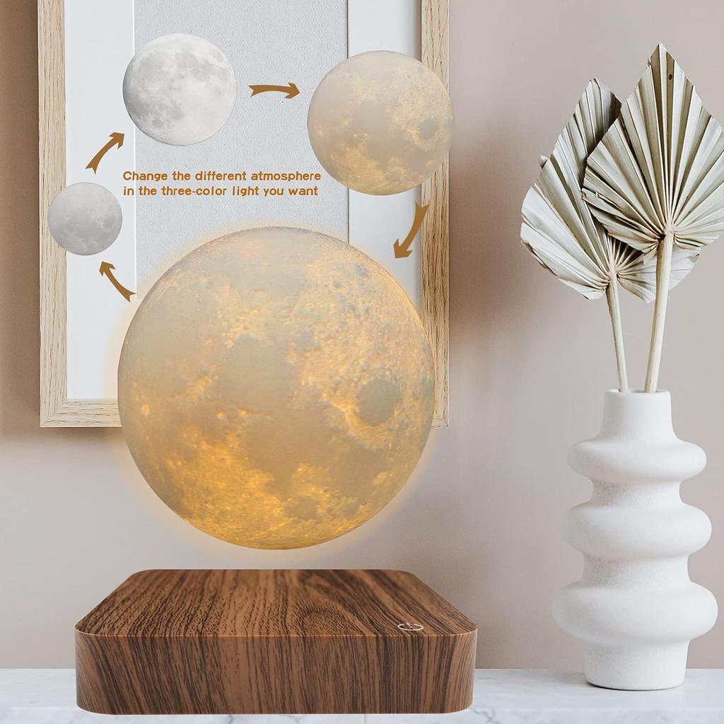 Magnetic Floating Rotating Moon Lamp with Wooden Base, 3 Color Temperature LED Night Lights of Print 3D for Unique Gifts, Room
