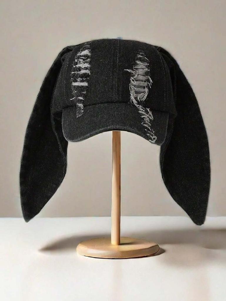 Distressed Denim Baseball Cap With Plush Long Earflaps For Adults