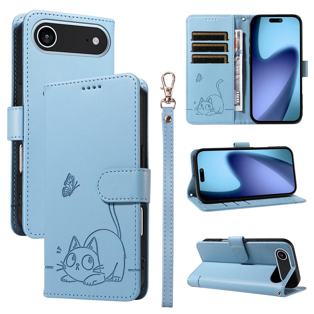 

For iPhone 17 Air Case Cat Pattern Imprint Leather Phone Cover with Wrist Strap Sky Blue
