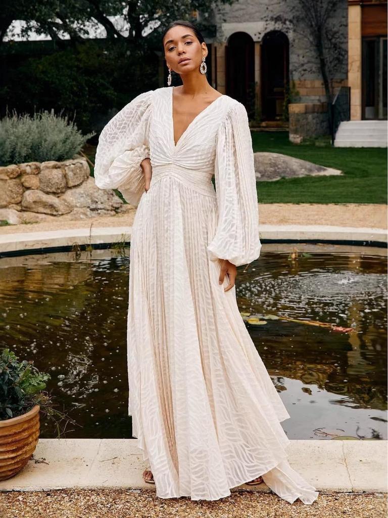 European American Women's Long Sleeve Jacquard Evening Gown with Pleated Lantern Sleeves 8171