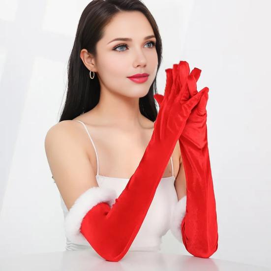 1 Paar Lange Samthandschuhe für Damen Ellbogenlang Rot Formelle Handschuhe mit Kunstpelzbesatz für Oper Halloween Cosplay Party Verkleidungszubehör