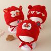 Unisex Baby Red Knitted Wool Hat with Ear Protection - Festive National Tide Style, Warm for Winter & New Year