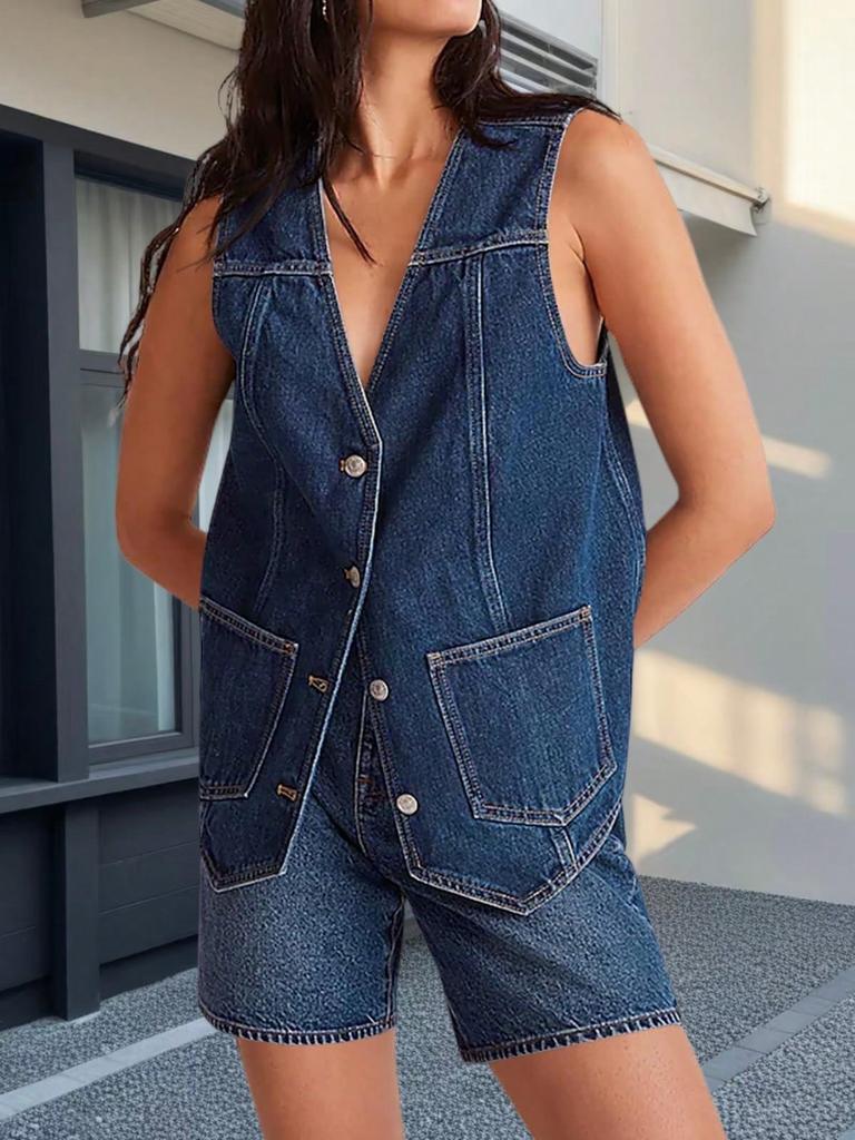 Women's Denim Vest Button Down V Neck Sleeveless Casual Jean Jacket