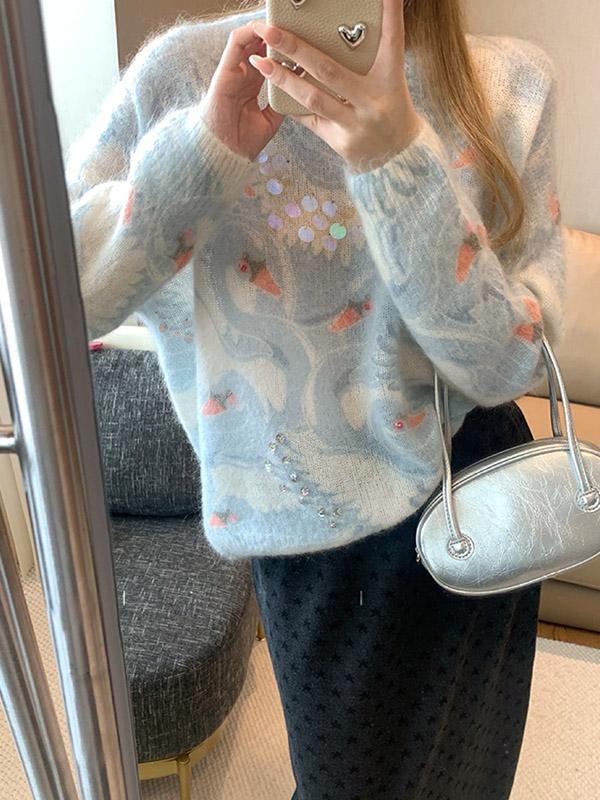 Blue Beaded Sequin Sweater Women's Fall/Winter Casual Knitwear