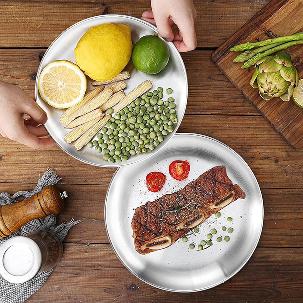 10-Piece Stainless Steel Dinner Plates, Round Salad Dessert Plates, Serving Plate for Home Kichten, Outdoor Camping, Snack, Pizza and BBQ