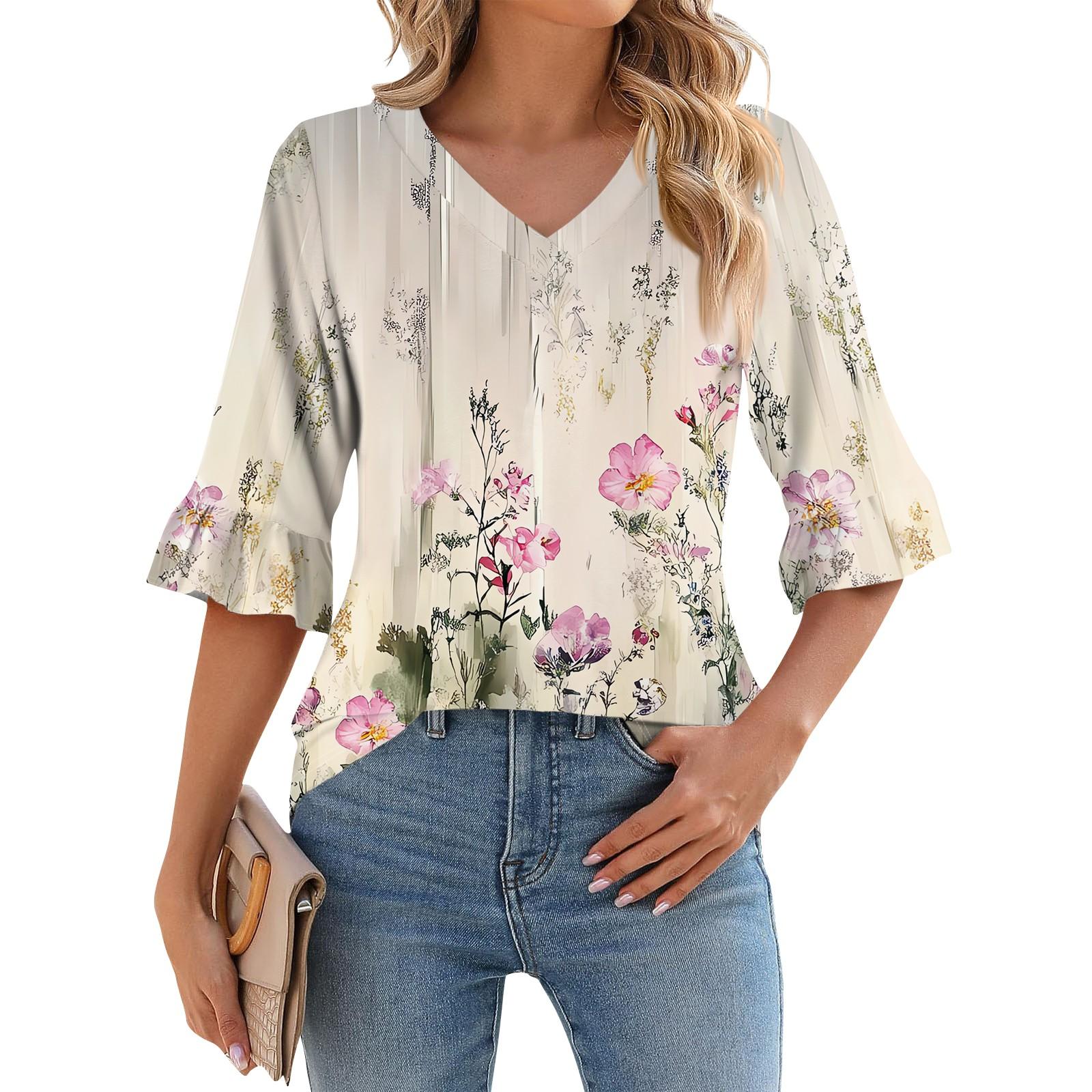 

Женская повседневная футболка с рукавом 3/4, летняя футболка с V-образным вырезом и пышными рукавами, гавайский принт XXL